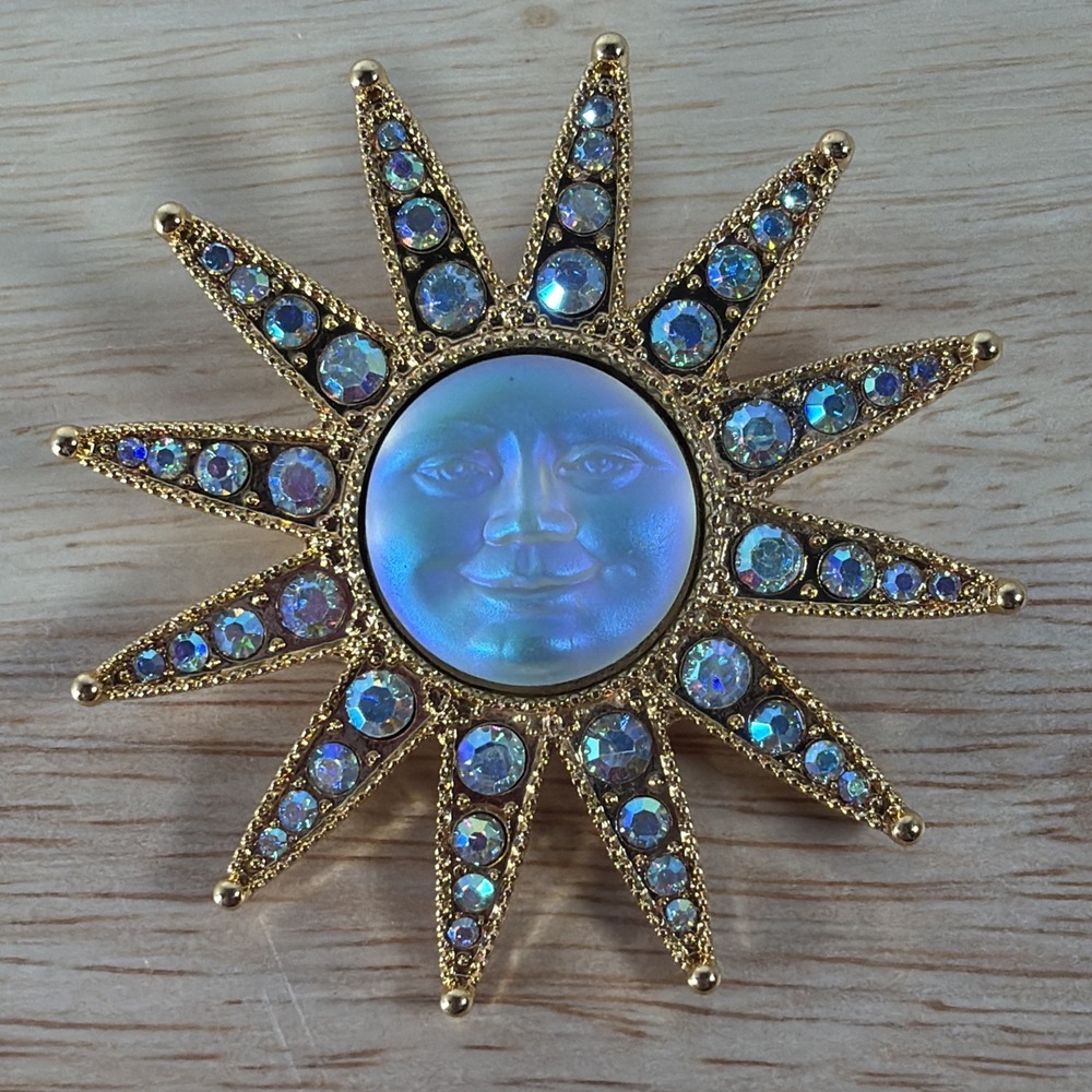 Kirks Folly Gold Tone Moon Face Cameo Star Sun Brooch AB Rhinestone